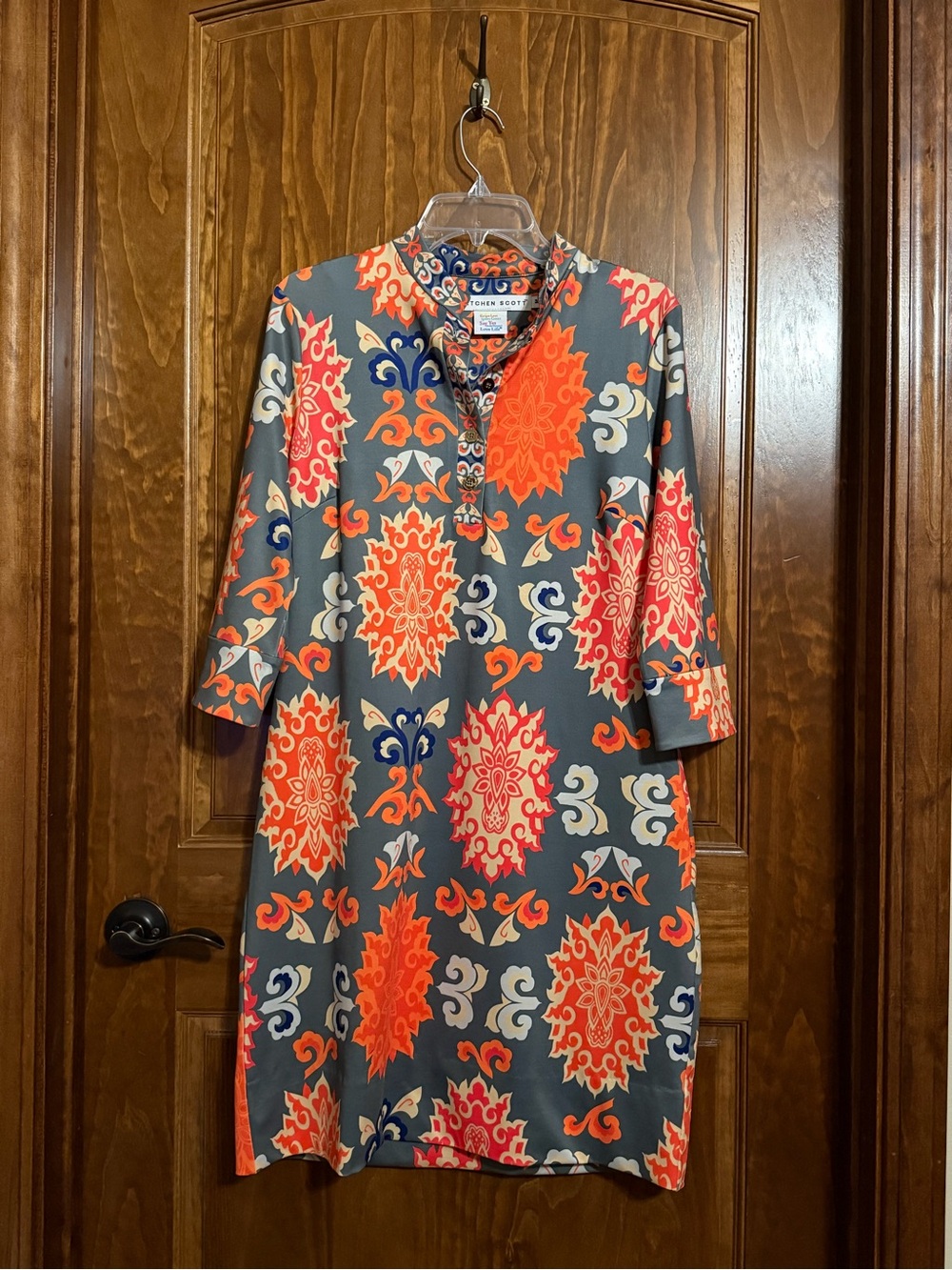 Gretchen Scott Designs Gray Shift Dress with Orange & Navy Medallions